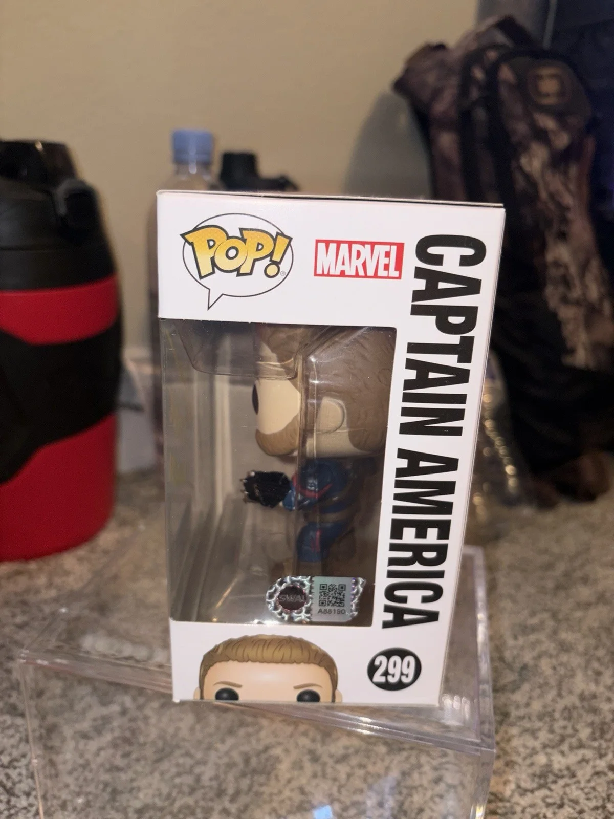 chris evans — Chris Evan’s Captain America Signed Funko Pop #299 Character Name COA - SWAU, image 3