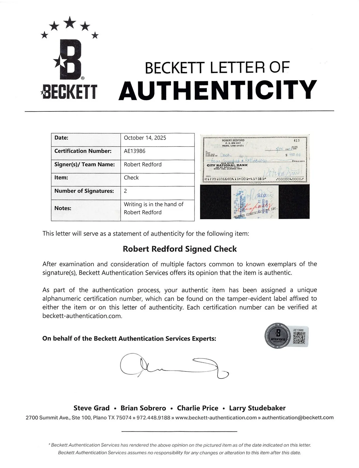 Robert Redford — Robert Redford Authentic Double Signed 2.5x6 1983 Personal Check BAS #AE13625, image 3