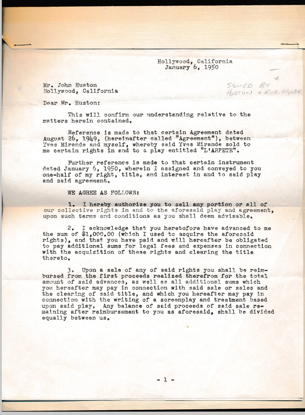 Sterling Hayden — John Huston - 1950 Signed 2 Page Agreement w/ Dir. Robert Wyler - Autograph, image 2