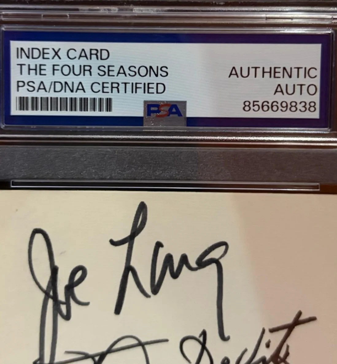 TOMMY DEVITO, BOB GAUDIO, JOE LONG, FRANKIE VALLI — FRANKIE VALLI FOUR SEASONS SIGNED INDEX CARD ENCAPSULATED PSA DEVITO GAUDIO LONG, изображение 3