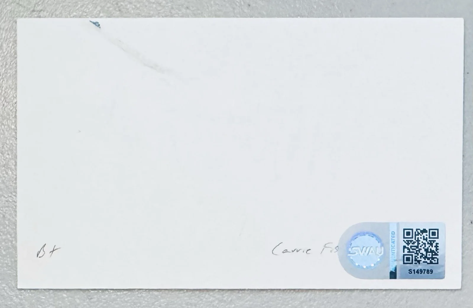 Carrie Fisher Signed Autographed 3x5 Card SWAU Authenticated Star Wars Leia, image 2