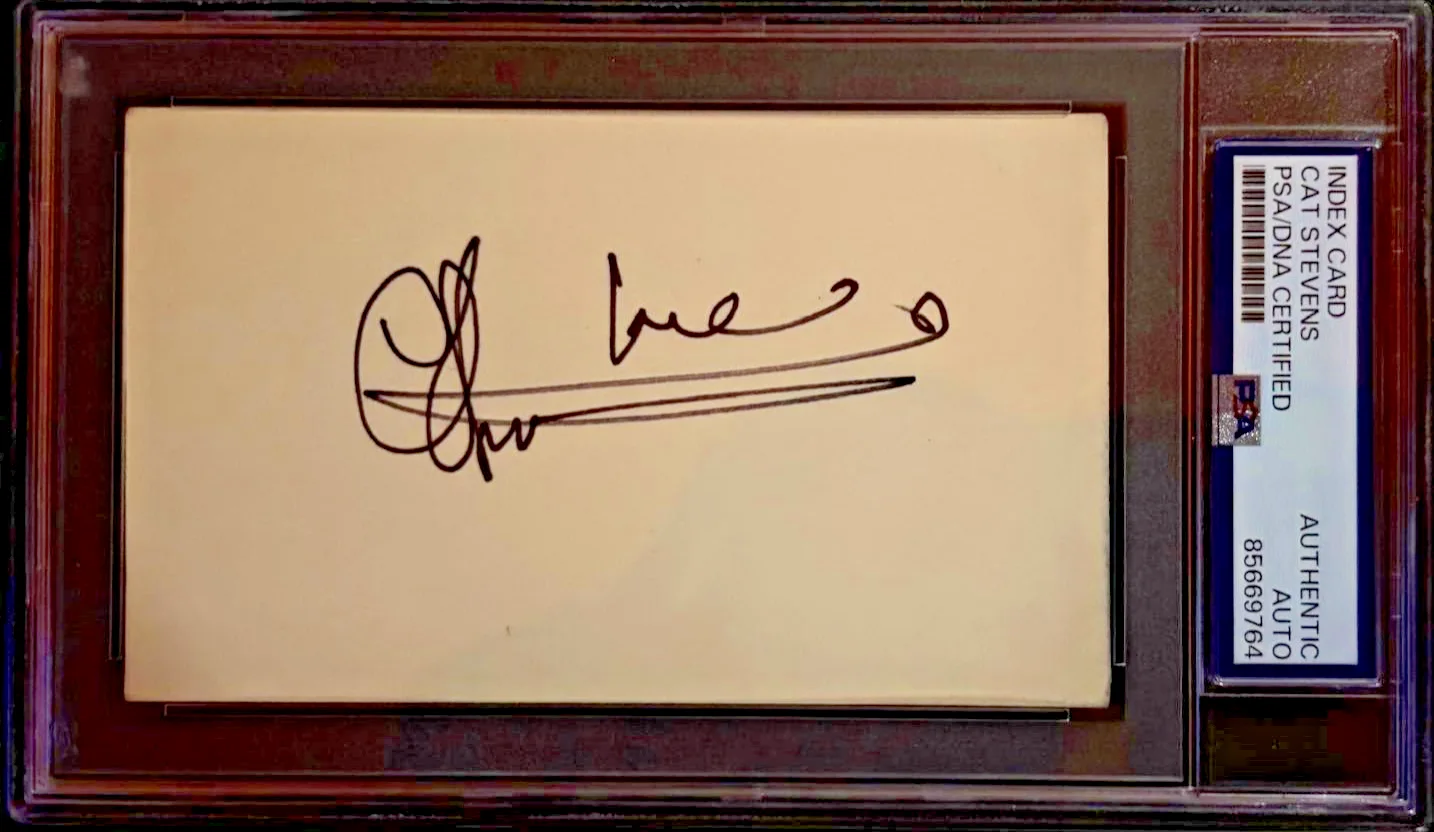 Cat Stevens — CAT STEVENS YUSUF ISLAM SIGNED INDEX CARD PSA ENCAPSULATED WILD WORLD VINTAGE