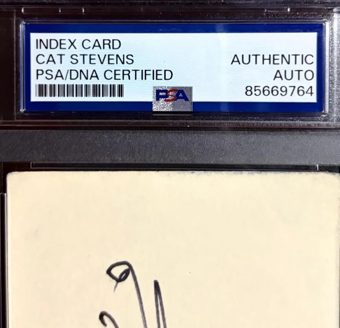 Cat Stevens — CAT STEVENS YUSUF ISLAM SIGNED INDEX CARD PSA ENCAPSULATED WILD WORLD VINTAGE, изображение 3