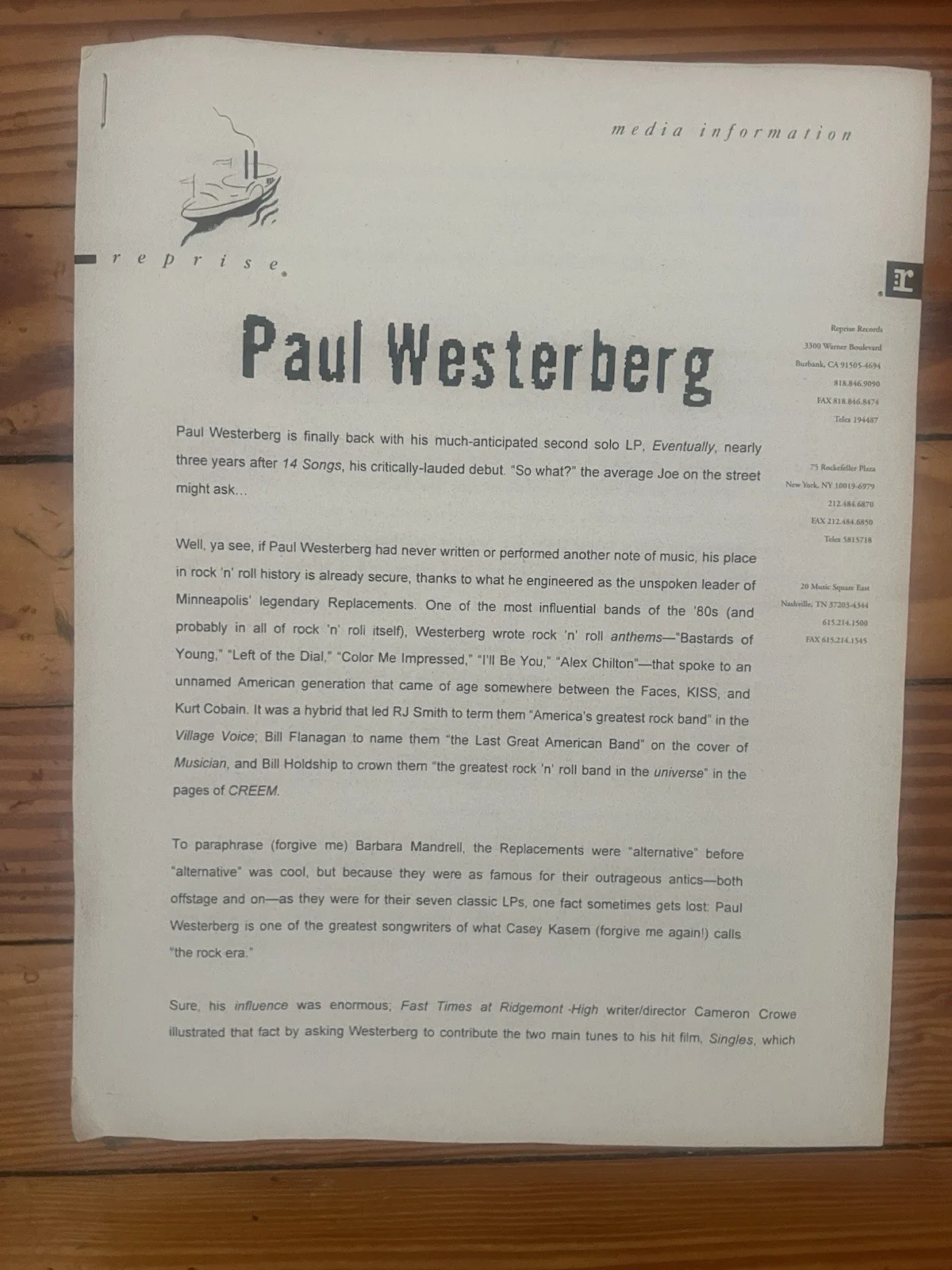 Rare! Hand Signed Press Photo By Alt Rock icon Paul Westerberg Plus Label Bio, изображение 3