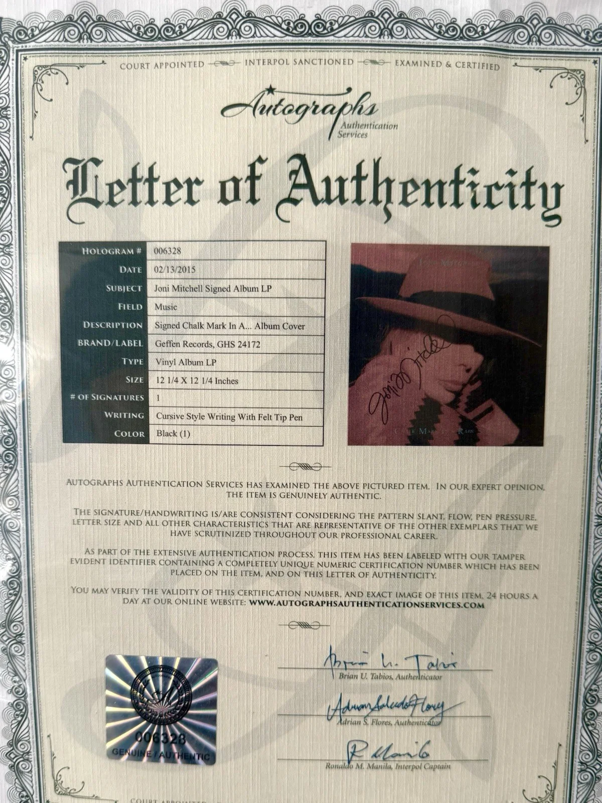 Joni Mitchell Signed Album Professionally Framed With COA, image 3