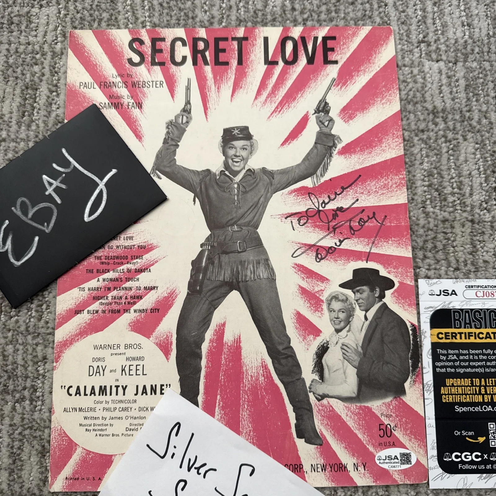 Doris Day Calamity Jane Autograph Signed Sheet Music JSA COA #1 Secret Love, image 2