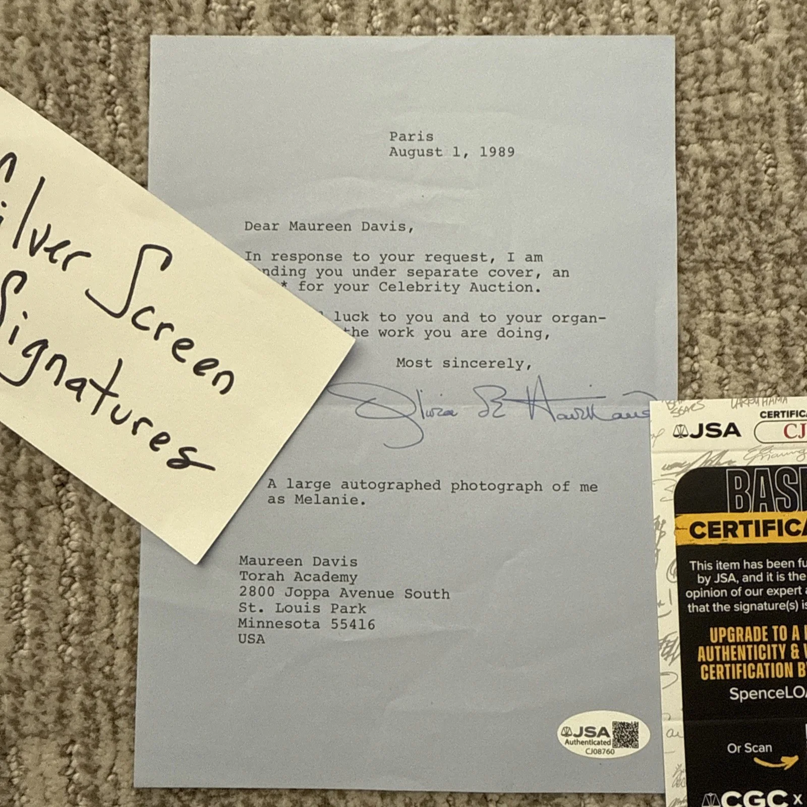 Olivia De Havilland Melanie Gone With Wind Autograph SIGNED Letter JSA COA, image 2
