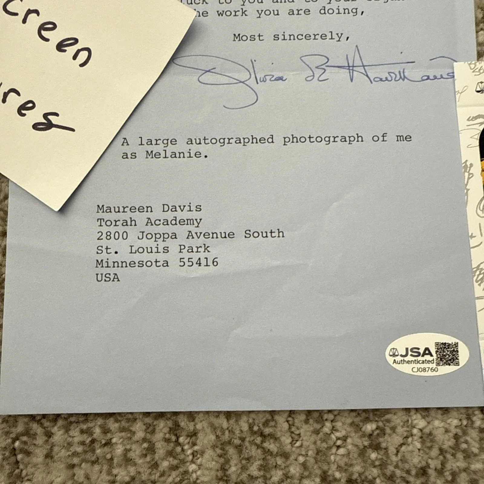 Olivia De Havilland Melanie Gone With Wind Autograph SIGNED Letter JSA COA, image 4