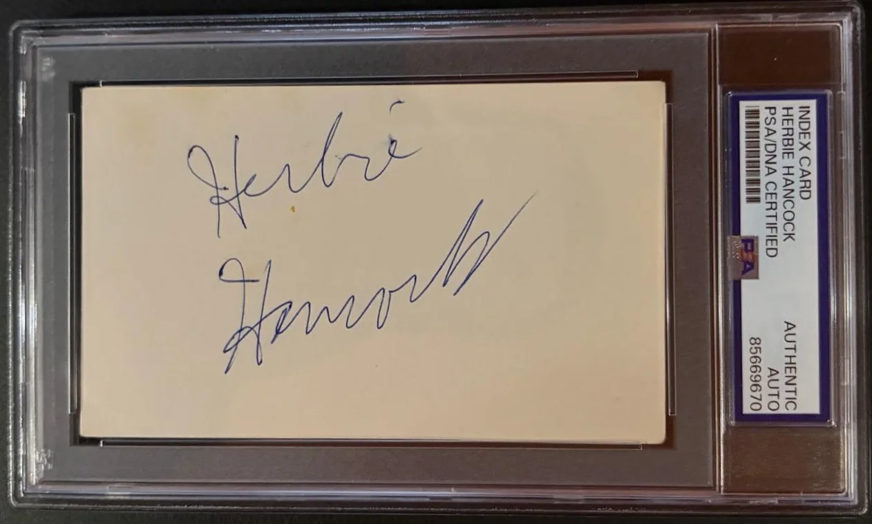 Herbie Hancock — HERBIE HANCOCK SIGNED AUTOGRAPHED INDEX CARD ENCAPSULATED PSA POSSIBILITIES JAZZ