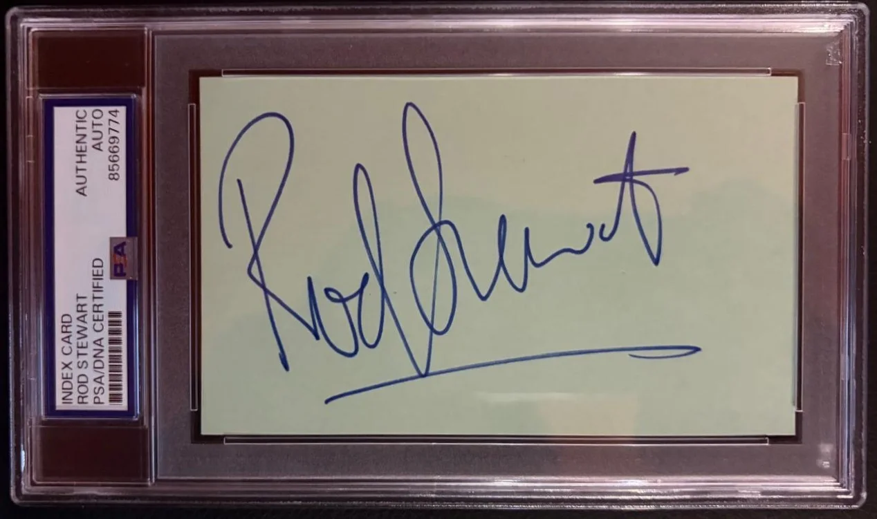 Rod Stewart — ROD STEWART SIGNED INDEX CARD PSA ENCAPSULATED HAVE YOU EVER SEEN THE RAIN FULL
