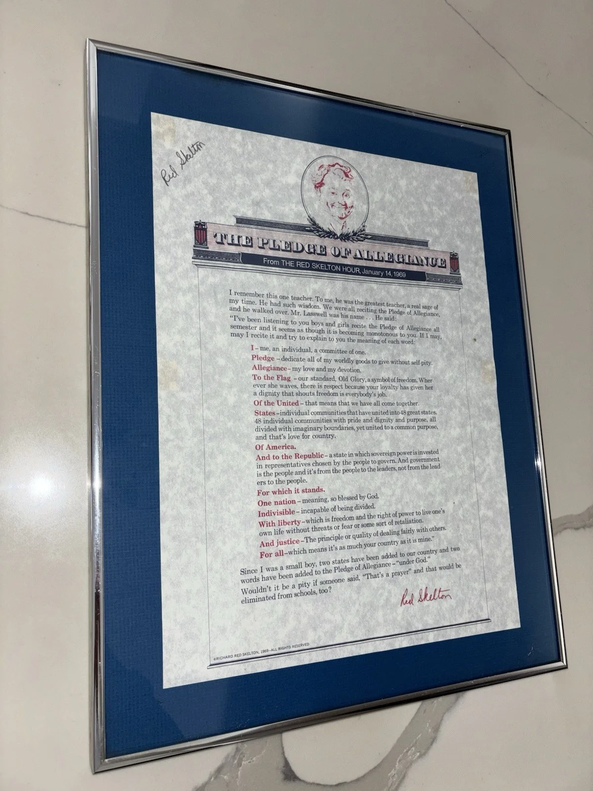 Red Skelton Signed 1969 ‘Pledge Of Allegiance’. Beautifully Displayed. Very Rare, изображение 2