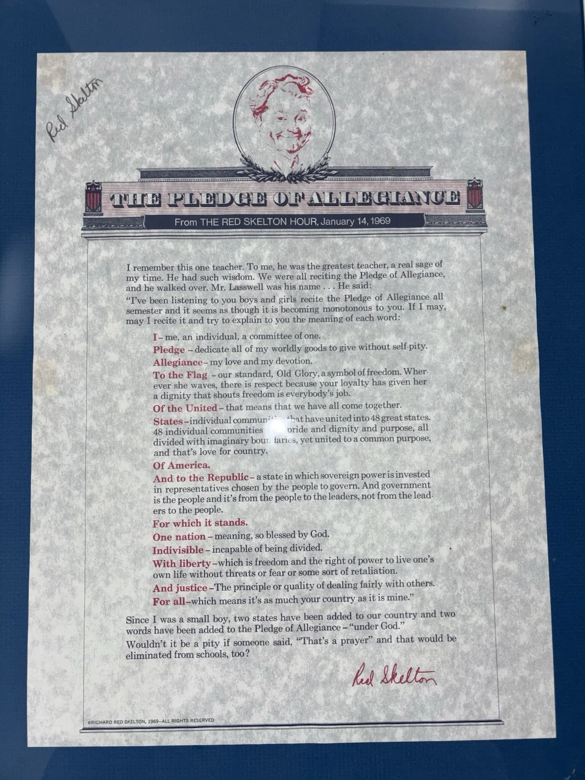Red Skelton Signed 1969 ‘Pledge Of Allegiance’. Beautifully Displayed. Very Rare, изображение 5