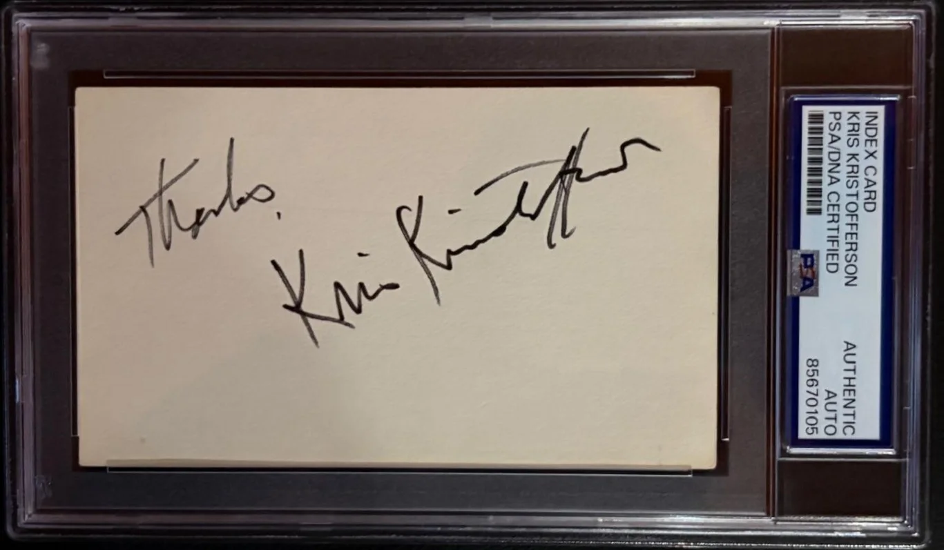 Kris Kristofferson — KRIS KRISTOFFERSON SIGNED INDEX CARD PSA ENCAPSULATED WILLIE NELSON HIGHWAYMEN B