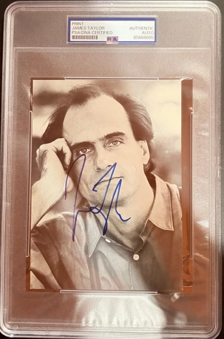 James Taylor — JAMES TAYLOR SIGNED AUTOGRAPHED PRINT ENCAPSULATED FIRE AND RAIN RARE PSA COA