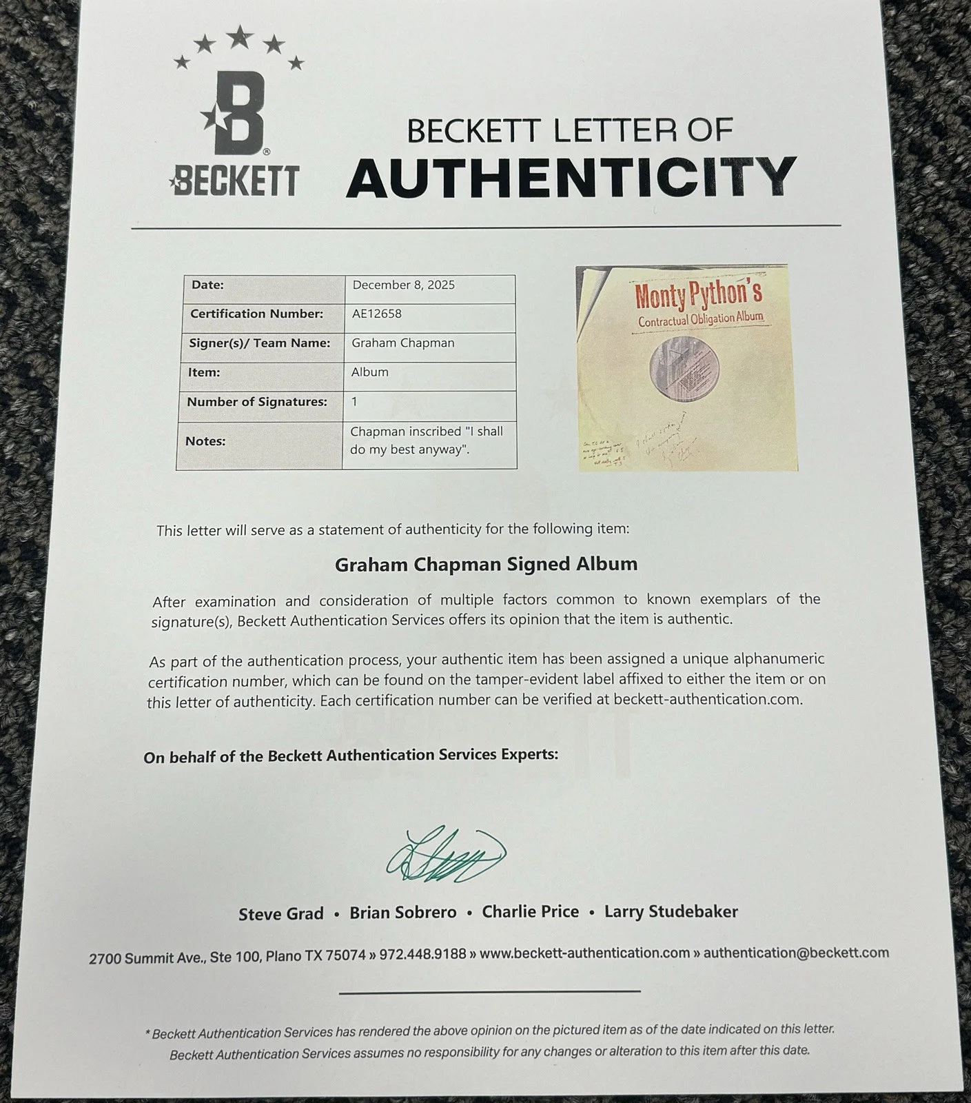 Graham Chapman — Monty Python Graham Chapman Signed Auto Contractual Obligation Album Beckett LOA, image 4