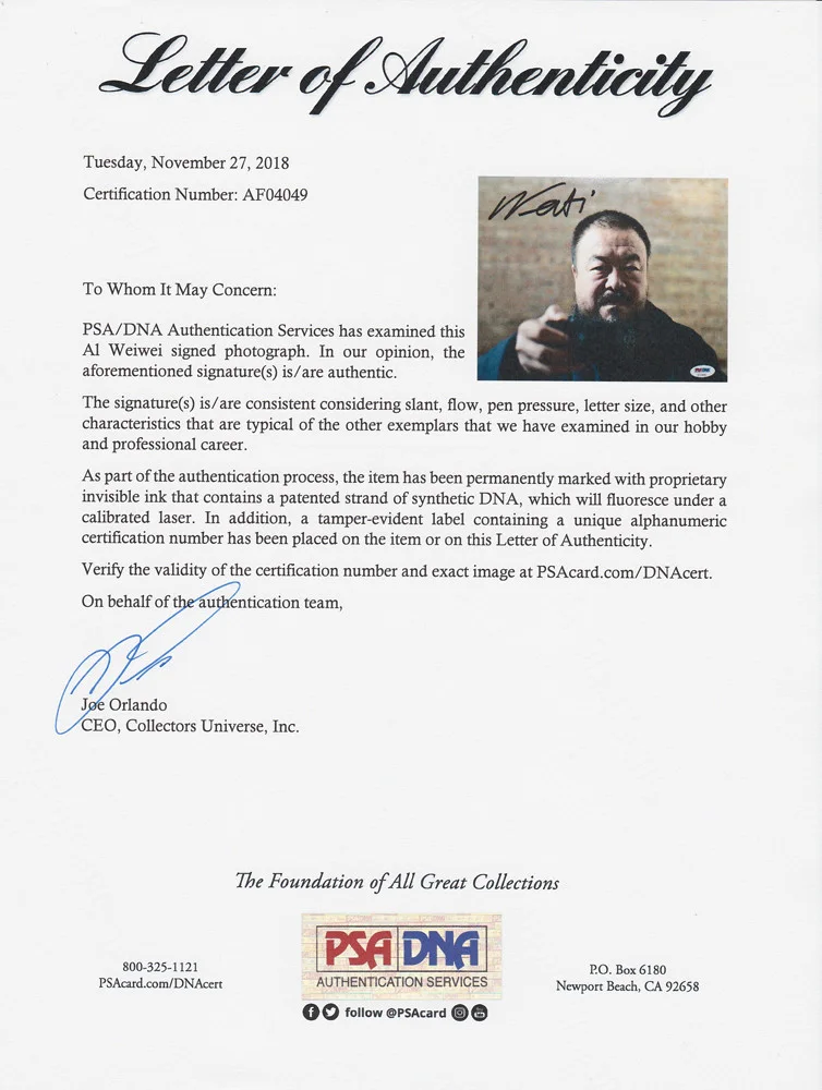 Ai Weiwei — Ai Weiwei Chinese Artist Signed Autograph 8x10 Photo PSA/DNA COA #1, image 3