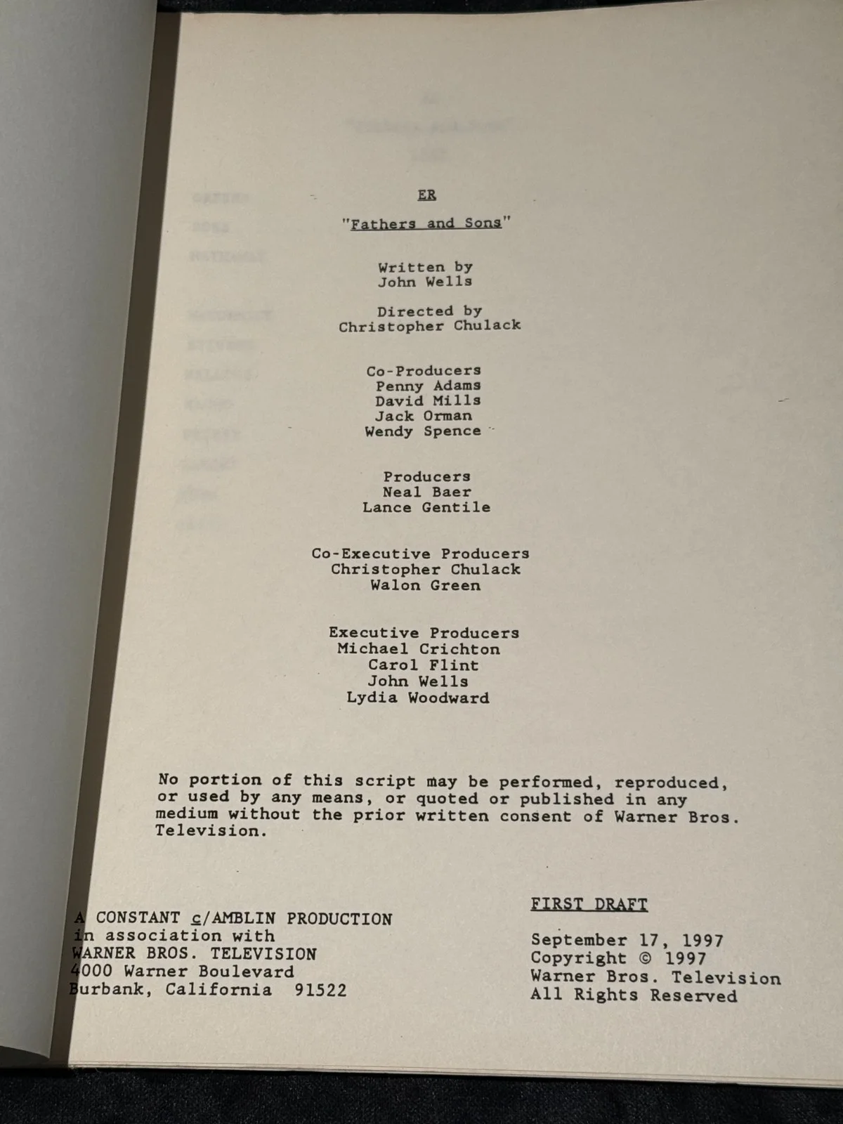 ER TV Series Script - "Fathers and Sons" episode 1997, image 2