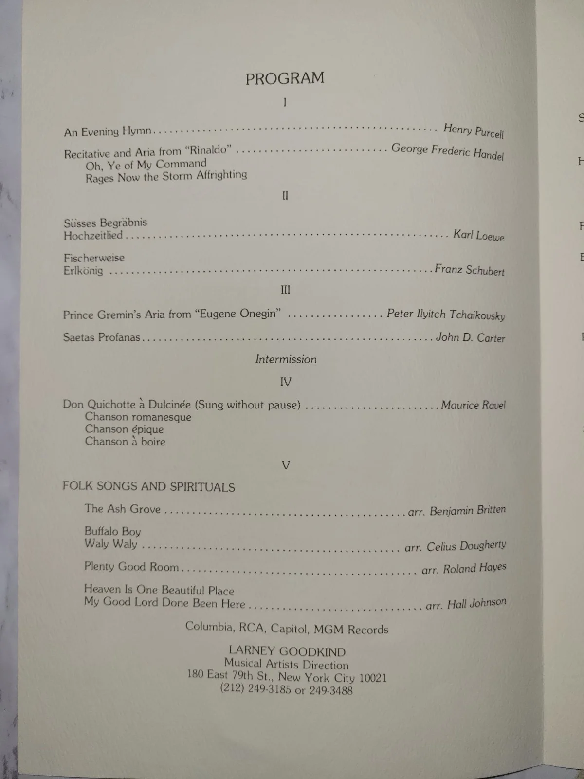 SIGNED William Warfield Recital Program (1982) Legendary Bass-Baritone | Black C, image 2
