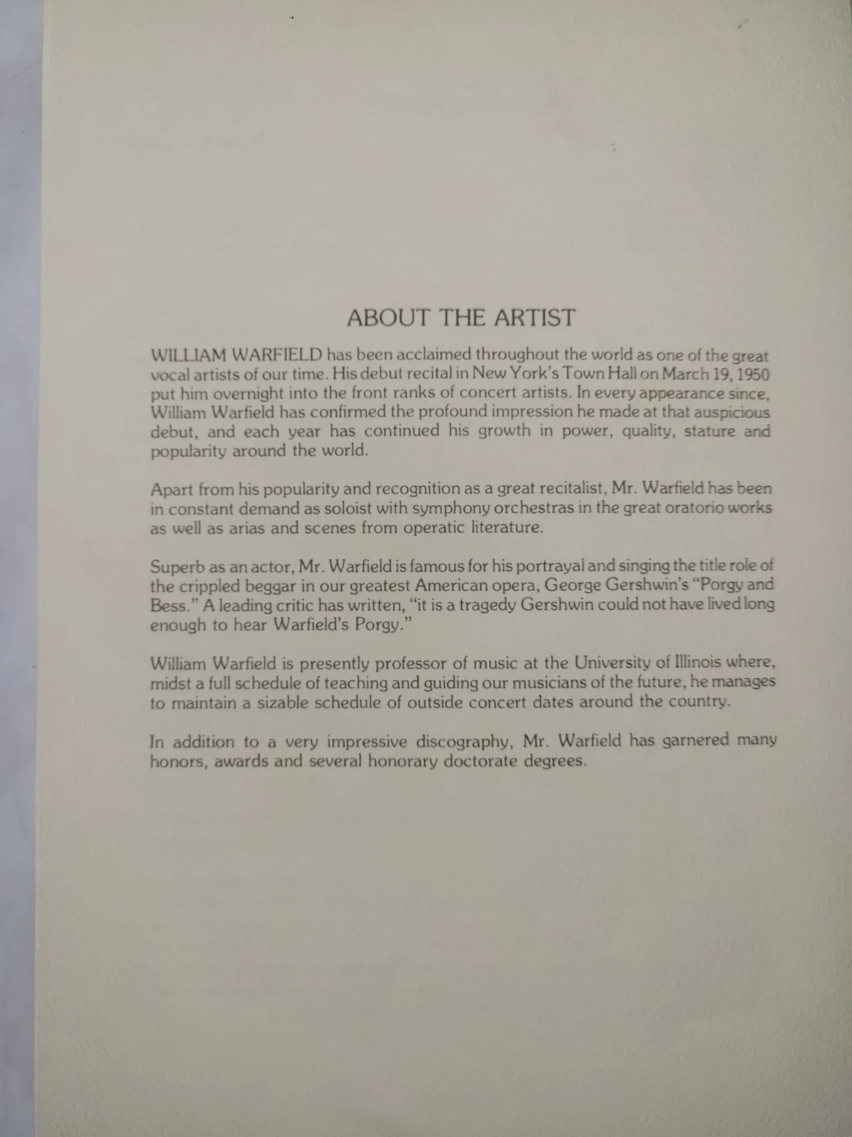SIGNED William Warfield Recital Program (1982) Legendary Bass-Baritone | Black C, image 4
