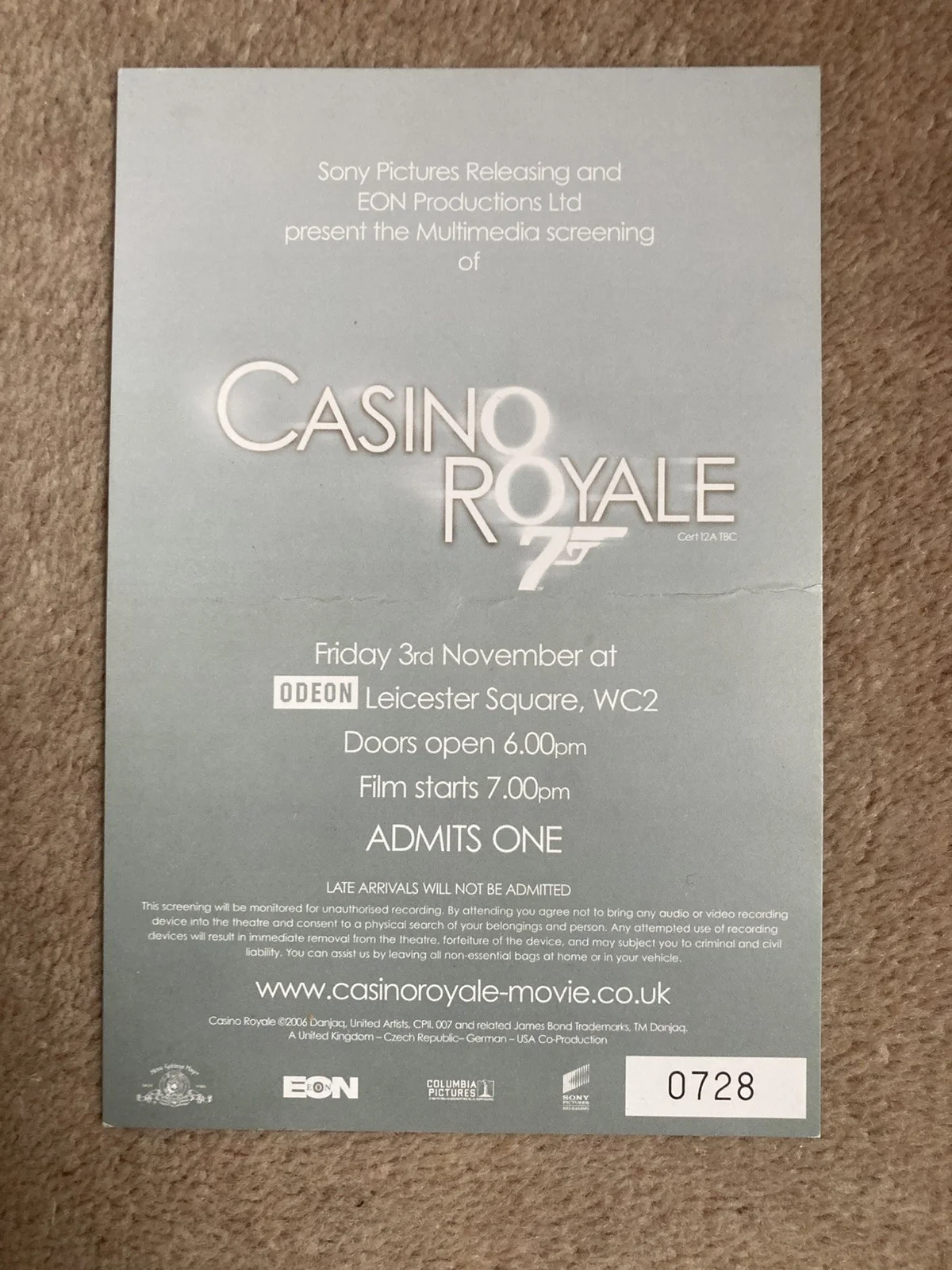 JAMES BOND 007 ORIGINAL CASINO ROYALE MULTI MEDIA SCREENING TICKET, image 3