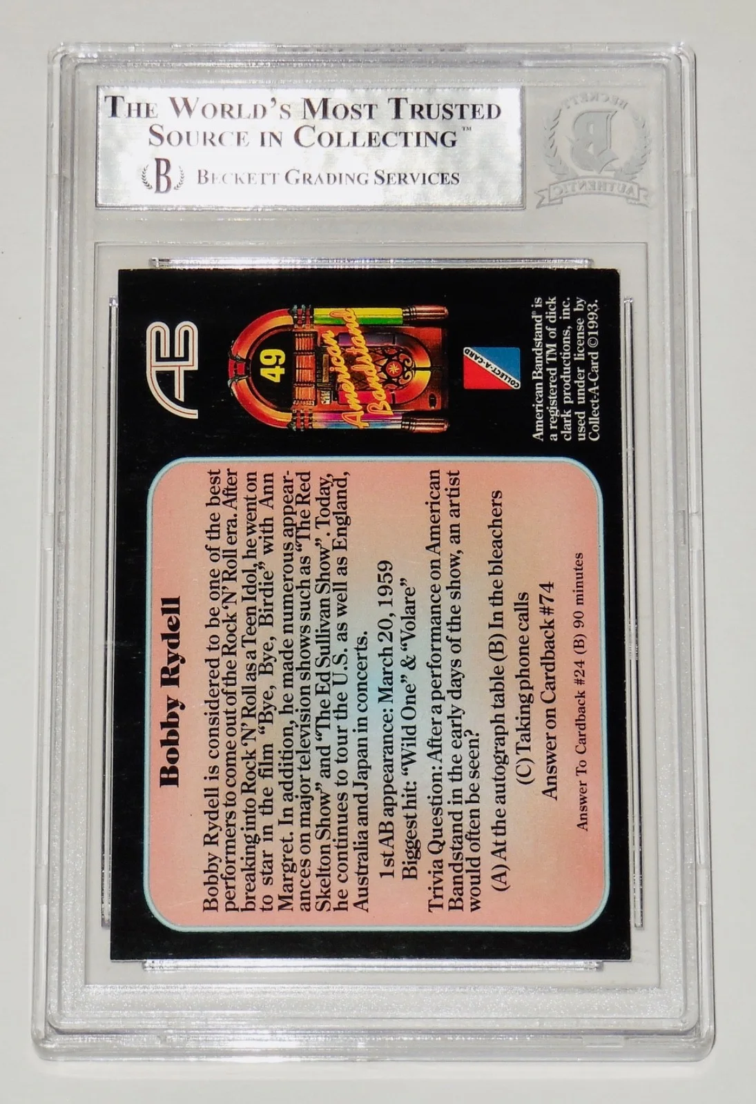BOBBY RYDELL AUTOGRAPHED 1993 AMERICAN BANDSTAND #49 TRADING CARD (BECKETT), изображение 2