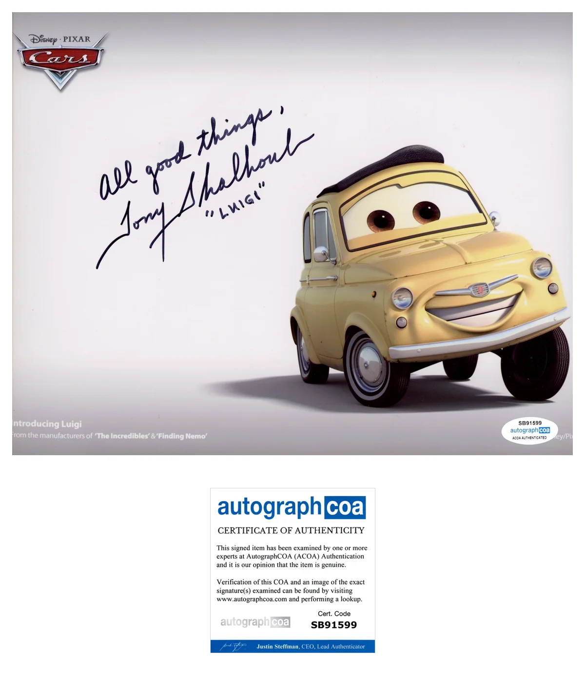 Tony Shalhoub — Tony Shalhoub signed photo 8x10 ACOA autographed Cars Pixar