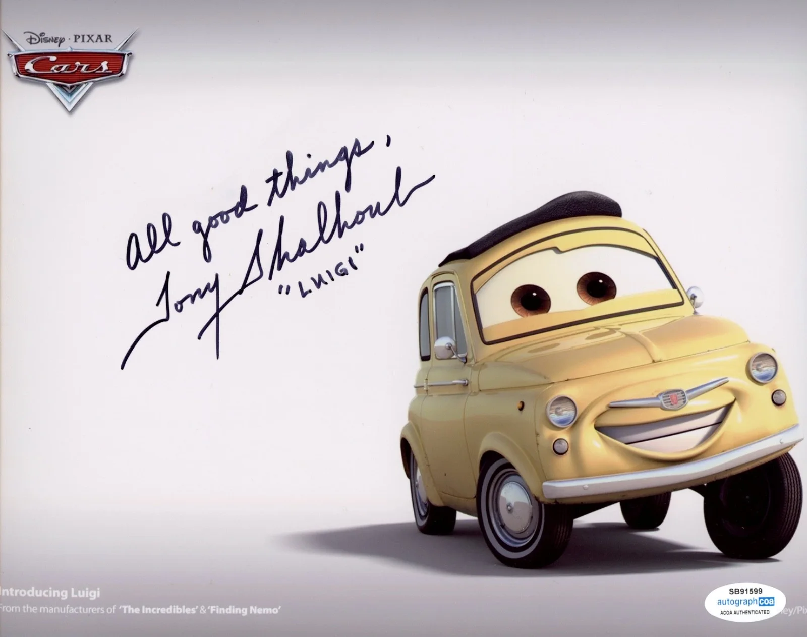 Tony Shalhoub — Tony Shalhoub signed photo 8x10 ACOA autographed Cars Pixar, изображение 2