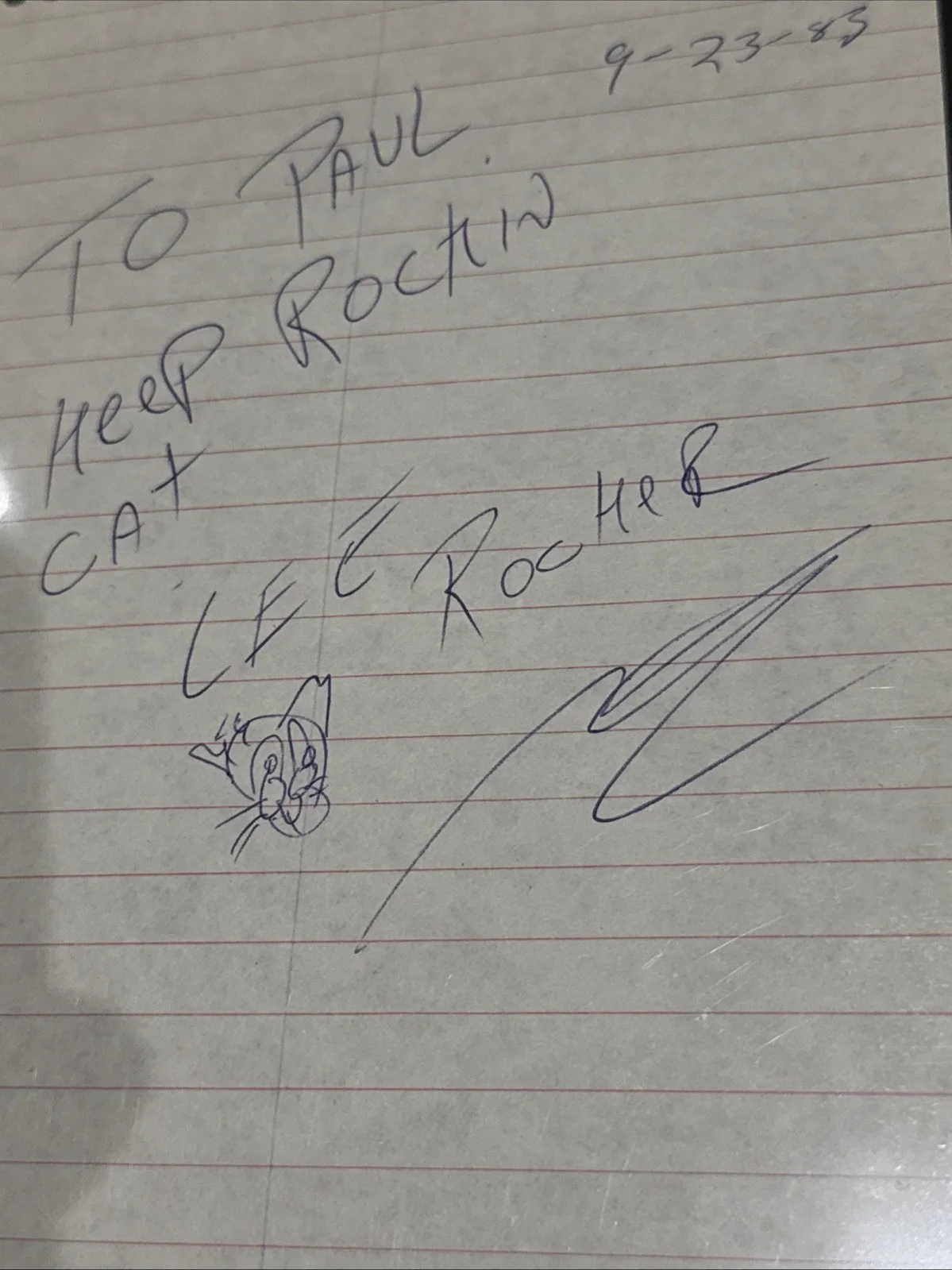 Stray Cats Lee Rocker Signed Page To Paul W/Cat Head, изображение 2