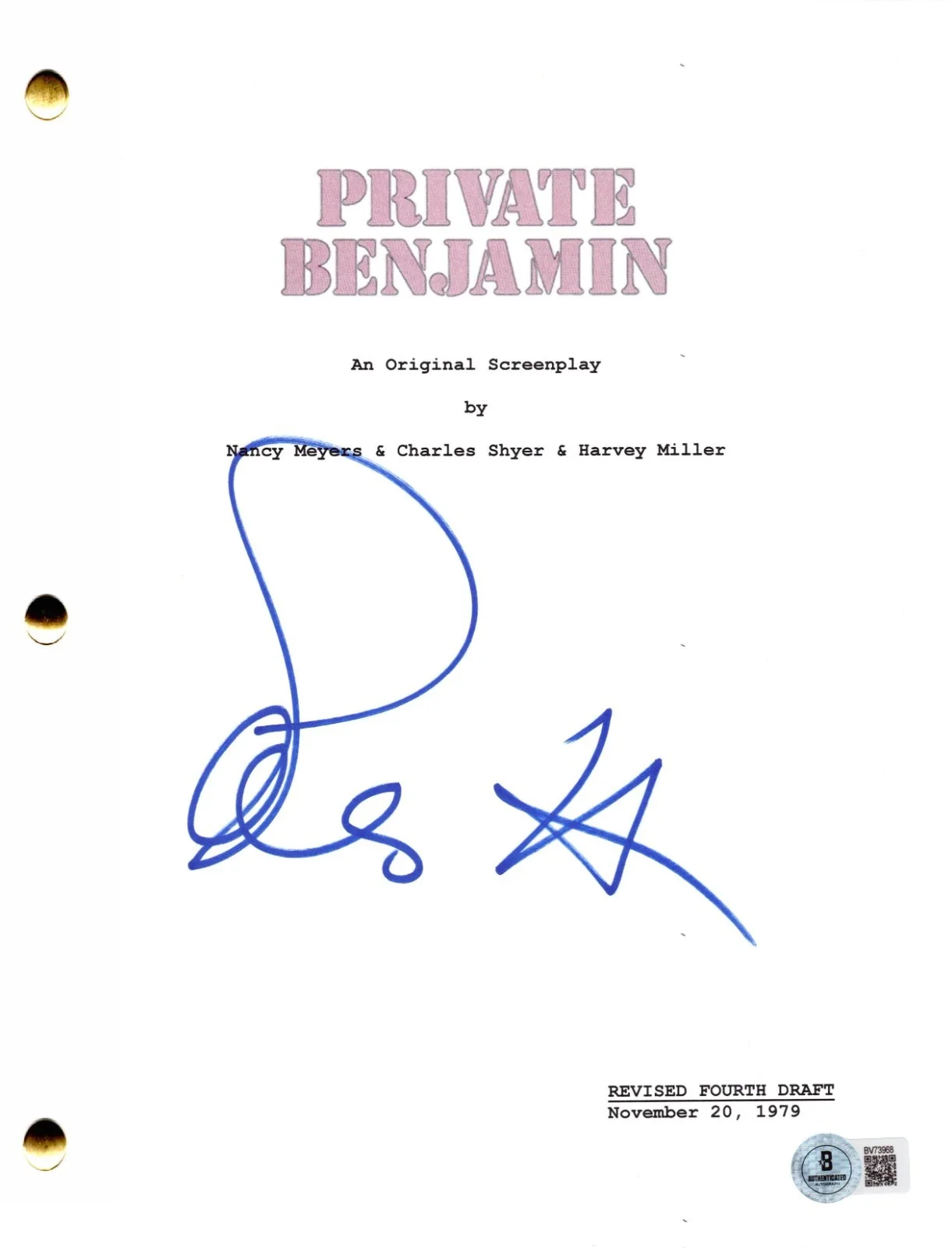 Goldie Hawn — Goldie Hawn Signed Private Benjamin Full Script Authentic Autograph Beckett