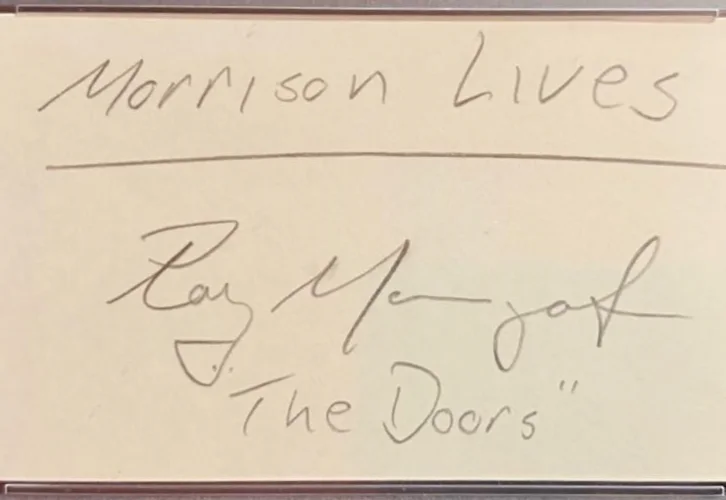 RAY MANZAREK SIGNED INDEX CARD ENCAPSULATED PSA THE DOORS LIGHT MY FIRE, image 2