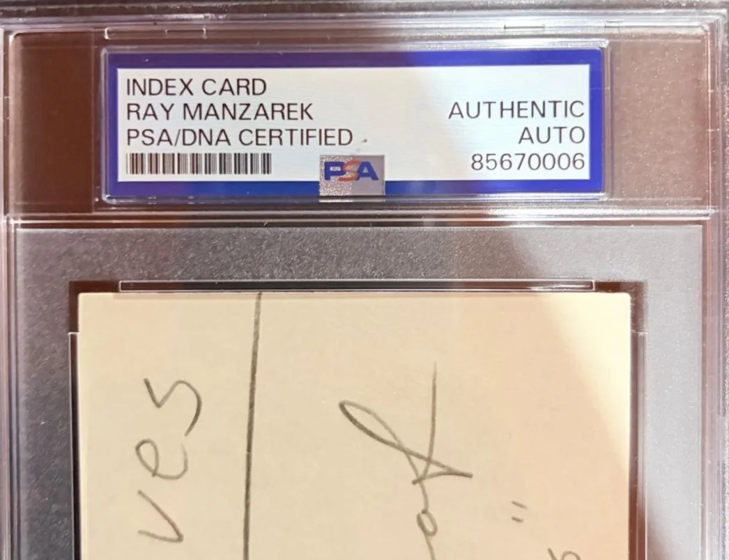 RAY MANZAREK SIGNED INDEX CARD ENCAPSULATED PSA THE DOORS LIGHT MY FIRE, image 3
