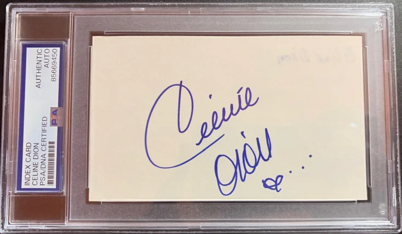 Celine Dion — CELINE DION SIGNED AUTOGRAPH INDEX CARD ENCAPSULATED PSA POWER BALLADS UNISON C