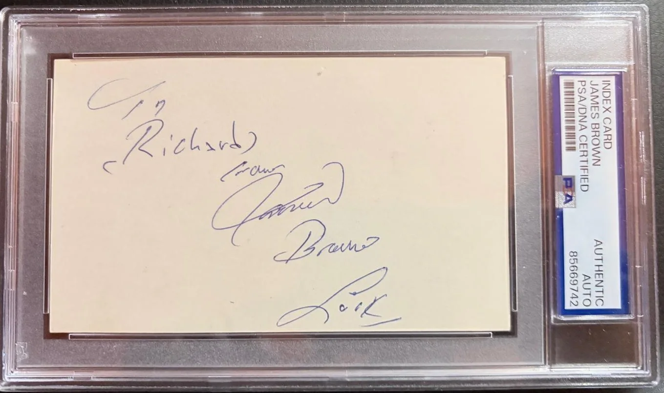 James Brown — JAMES BROWN SIGNED AUTOGRAPHED INDEX CARD ENCAPSULATED GOT YOU FEEL GOOD PSA B