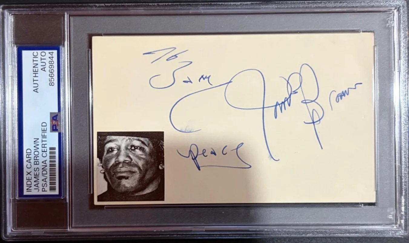 James Brown — JAMES BROWN SIGNED AUTOGRAPHED INDEX CARD ENCAPSULATED GOT YOU FEEL GOOD PSA A