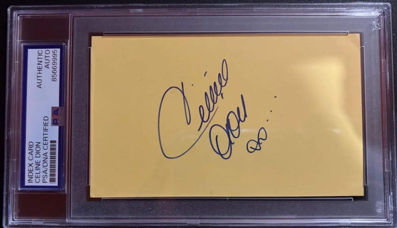 Celine Dion — CELINE DION SIGNED AUTOGRAPH INDEX CARD ENCAPSULATED PSA POWER BALLADS UNISON B