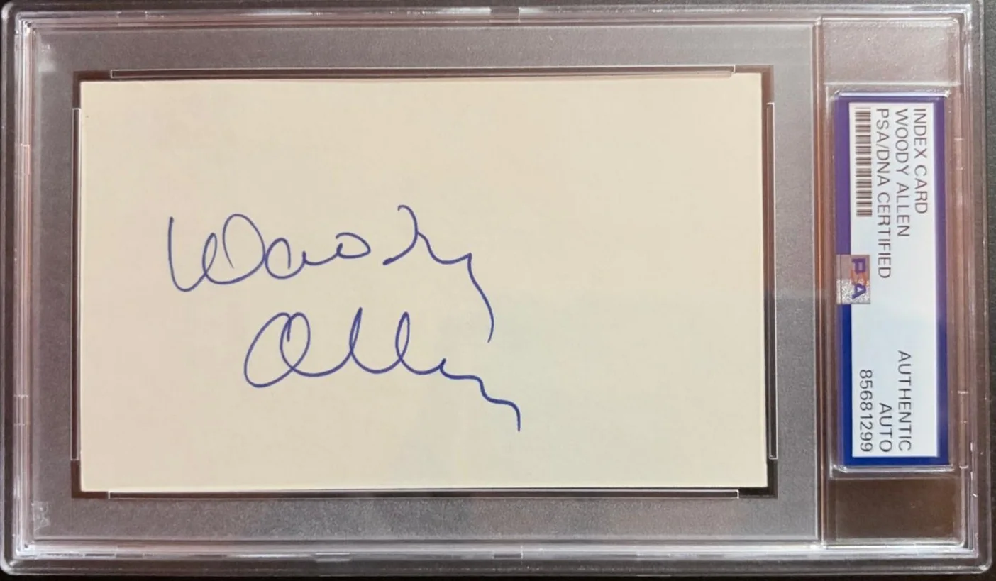 Woody Allen — WOODY ALLEN SIGNED AUTOGRAPHED INDEX CARD ENCAPSULATED PSA ANNIE HALL MANHATTAN