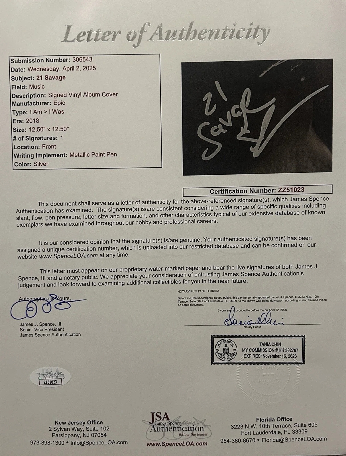 21 Savage Rapper Signed Autographed “I AM I WAS” Vinyl Record LP JSA LOA, изображение 5