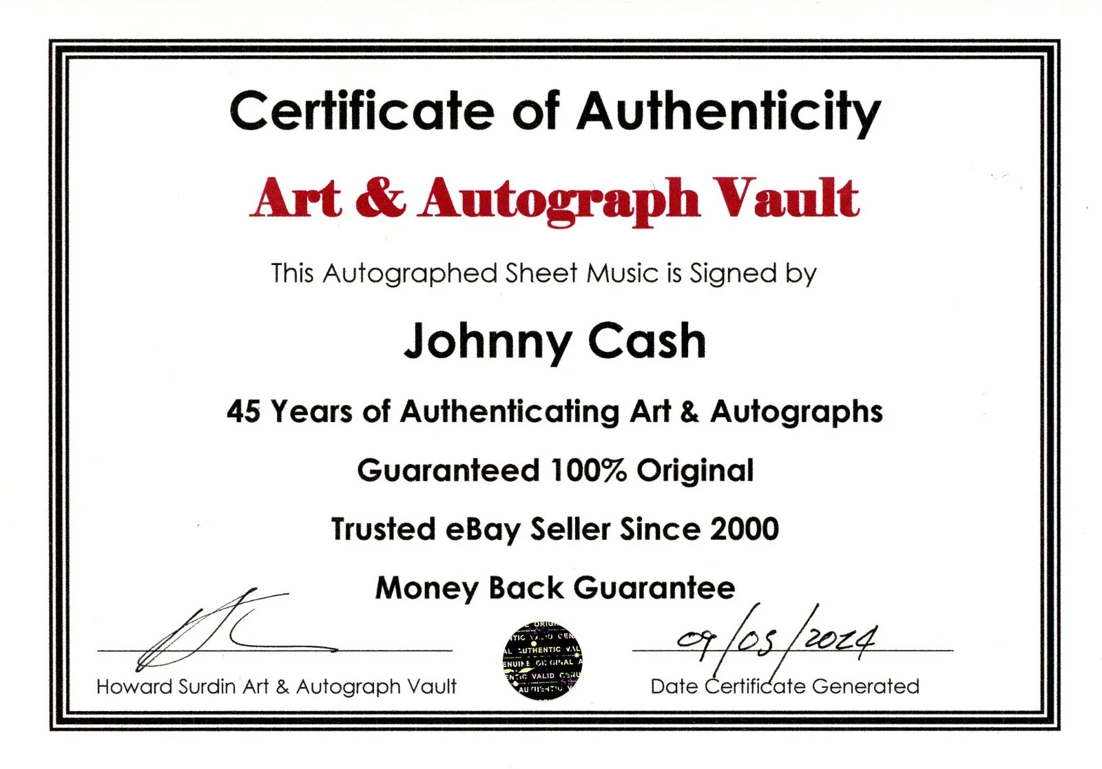 Johnny Cash — Johnny Cash Autographed Sheet Music Museum Framed Ready to Display, изображение 3