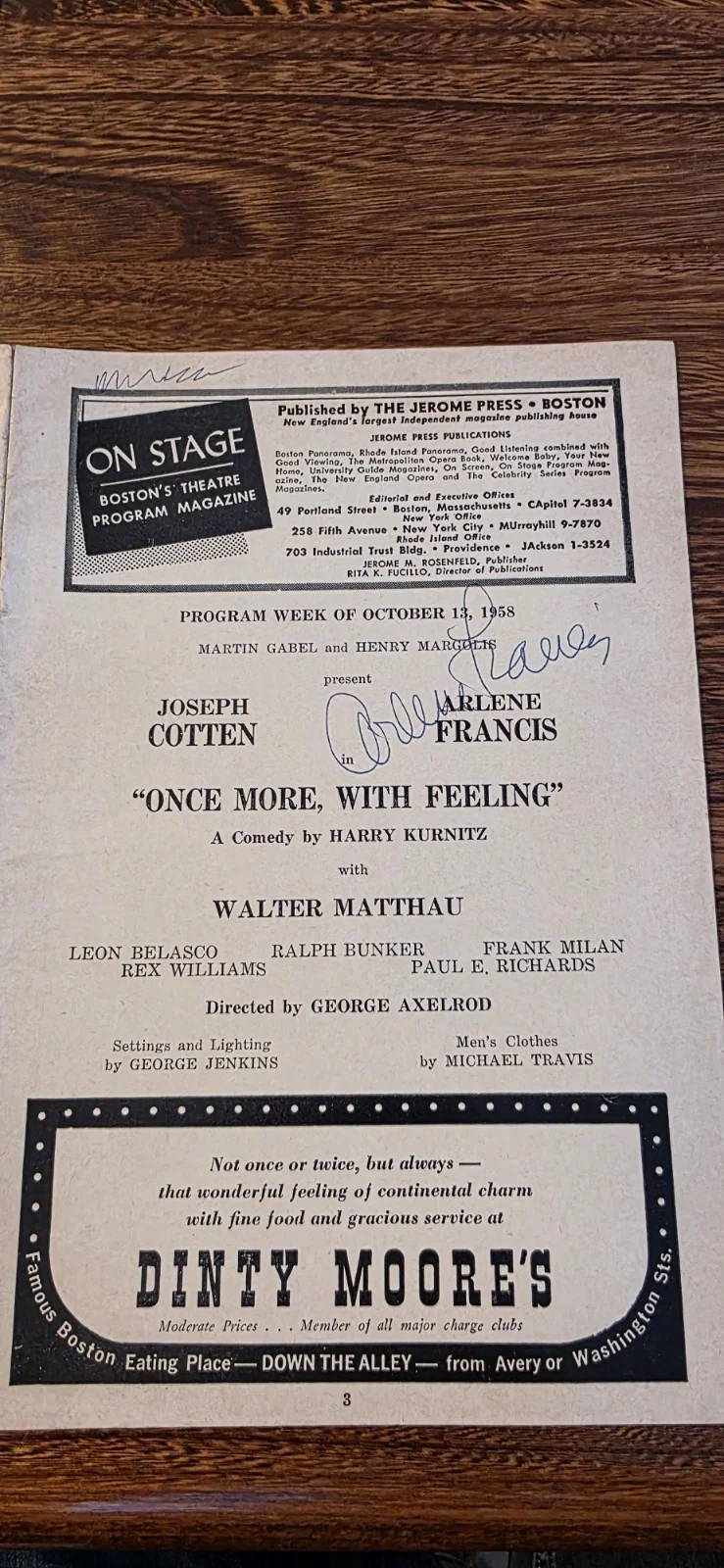 Jean Stapleton — Arlene Francis Autographed /1958 "Once more with Feeling"