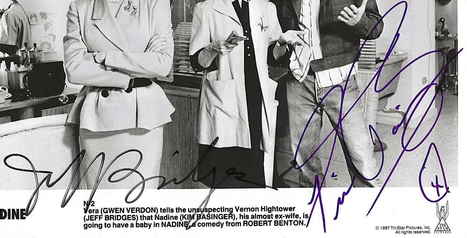 KIM BASSINGER, JEFF BRIDGES — KIM BASINGER & JEFF BRIDGES SIGNED 8x10 BLACK WHITE PHOTO "NADINE", image 2