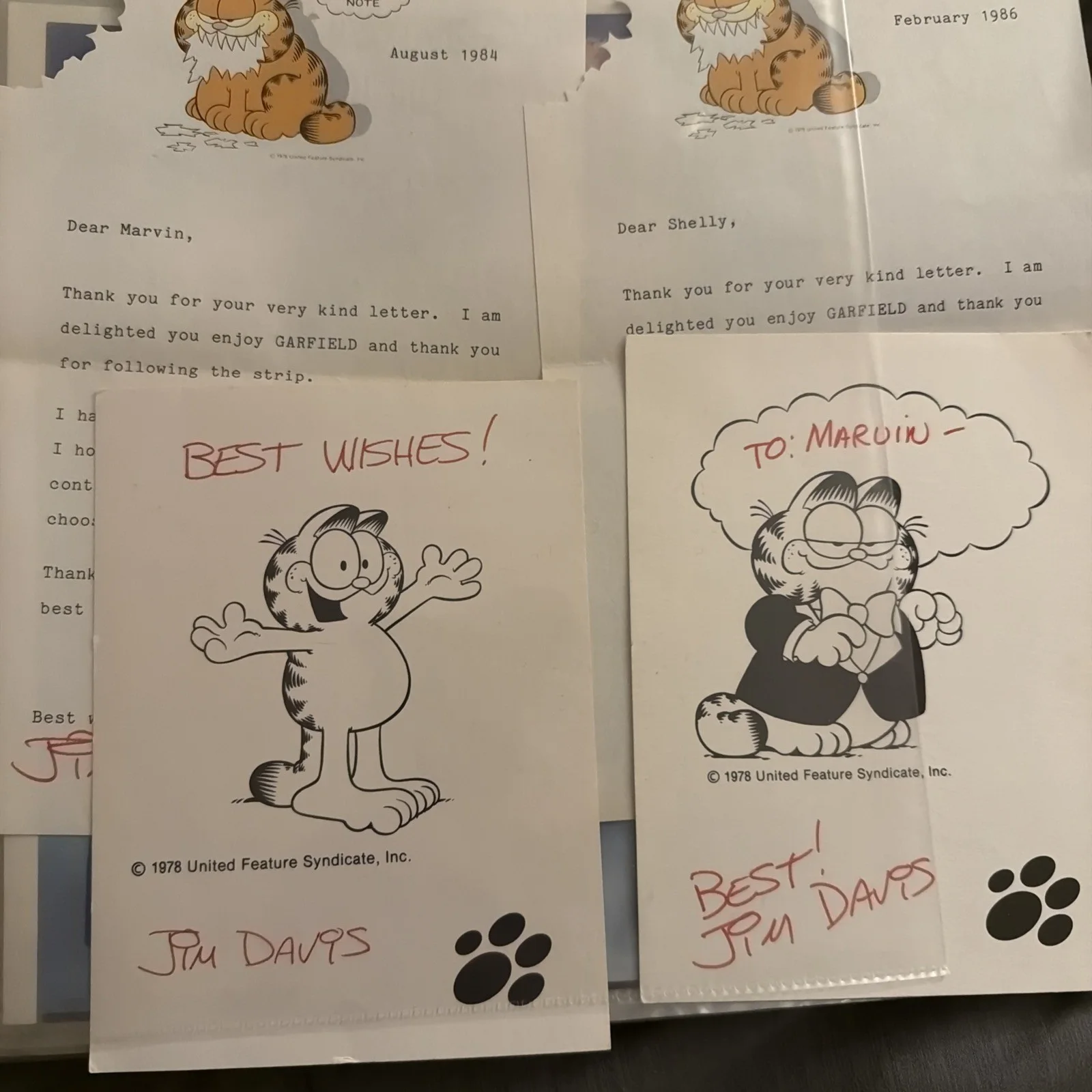 Jim Davis Signed Garfield Picture Lot (2) + (2)Signed Letters 1984–1986 Auto, изображение 4