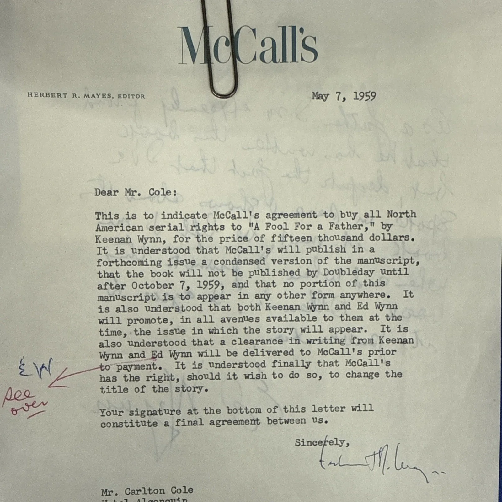 Ed Wynn — Keenan Wynn " A Fool for A Father" Ed Wynn Signed Contract and Note 15K McCalls, изображение 5