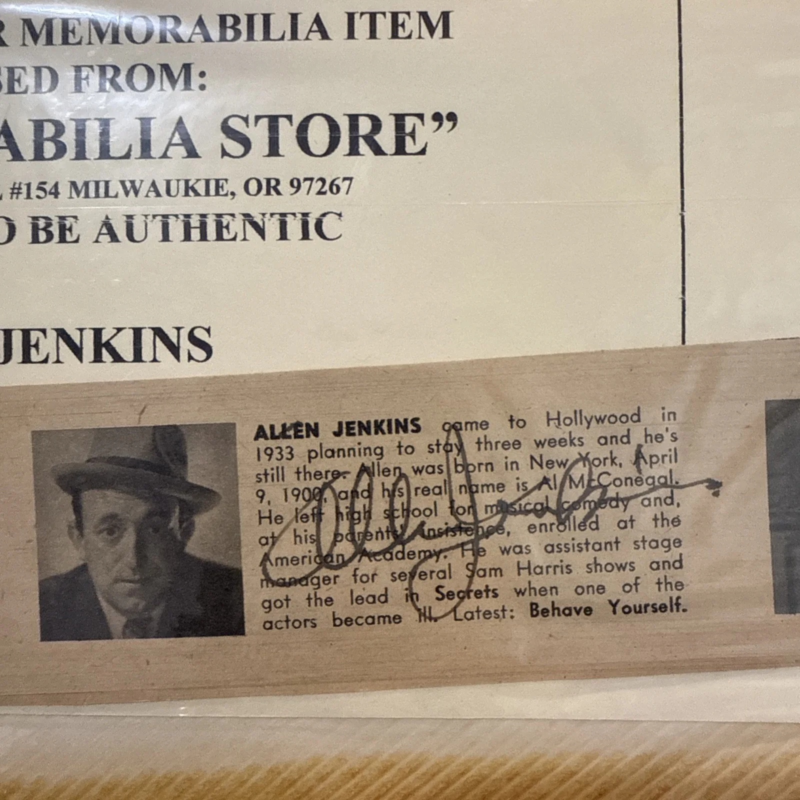 Allen Jenkins — Allen Jenkins Autograph With Certificate Of Authenticity Confirmed Authentic, image 2