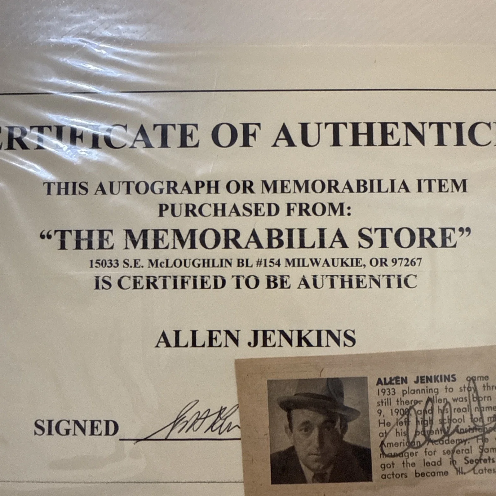 Allen Jenkins — Allen Jenkins Autograph With Certificate Of Authenticity Confirmed Authentic, image 3