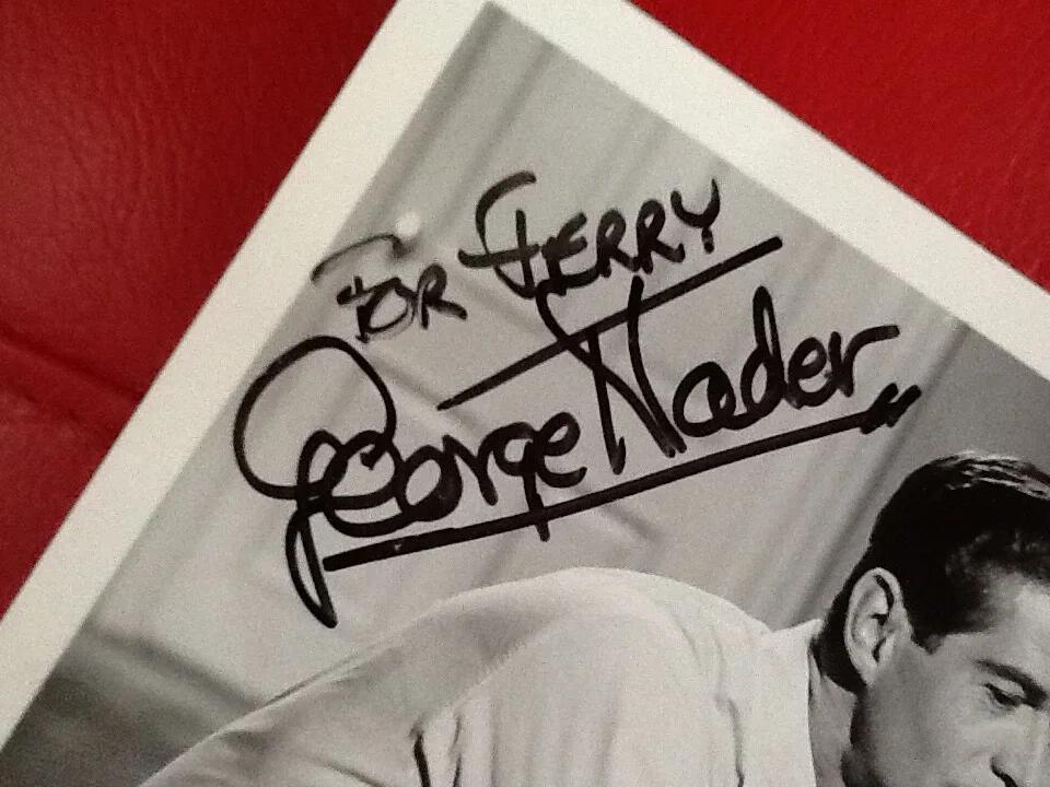George Nader SIGNED 1957 Photo 50s Film TV Actor Man Afraid Robot Monster Chrone, изображение 5
