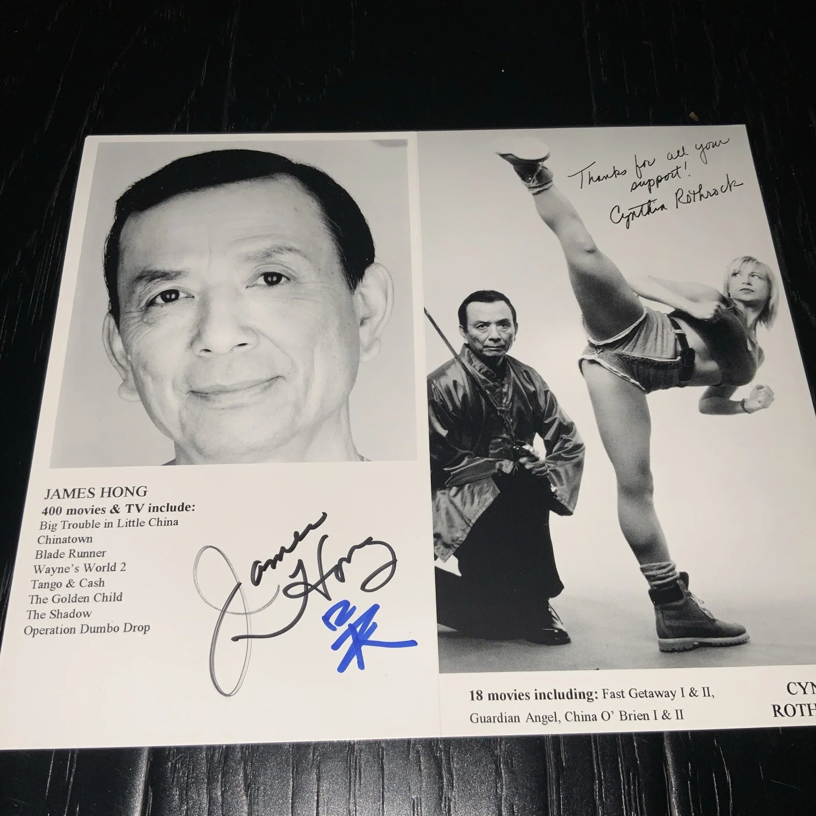 James Hong — James Hong & Cynthia Rothrock Signed 8.7x 7.2 B/W Promo card MegaCon 2010 RARE