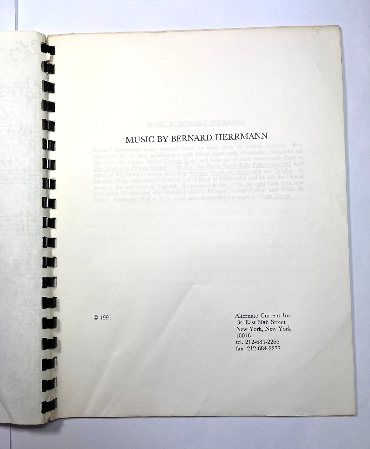 Music For The Movies: Bernard Herrmann ©1991 Pre-Production Alternate Current, image 4