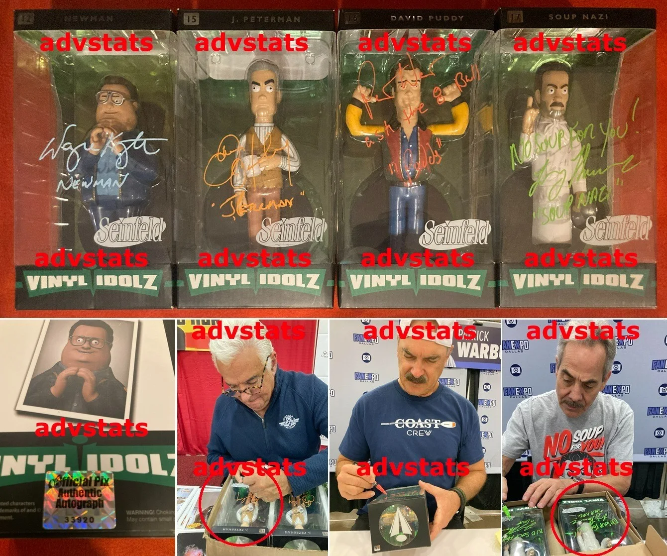 actors Wayne Knight, John O'Hurley, Patrick Warburton, Larry Thomas — NEWMAN, PETERMAN, PUDDY, SOUP NAZI signed SEINFELD Funko Vinyl Idolz set-2 PROOF