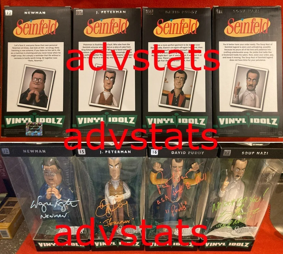actors Wayne Knight, John O'Hurley, Patrick Warburton, Larry Thomas — NEWMAN, PETERMAN, PUDDY, SOUP NAZI signed SEINFELD Funko Vinyl Idolz set-2 PROOF, изображение 3