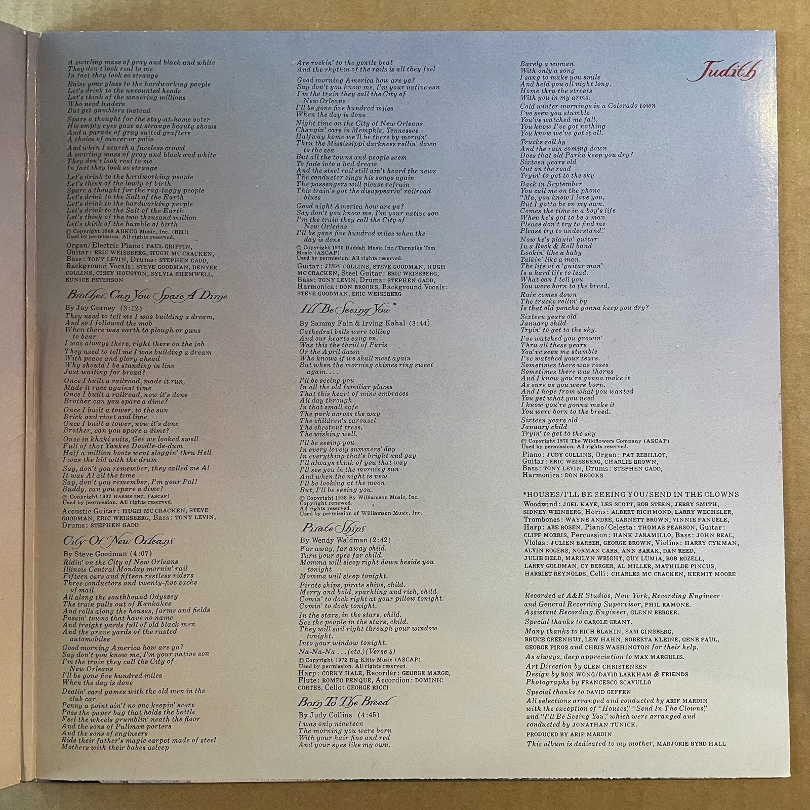 AUTOGRAPHED JUDY COLLINS SIGNED JUDITH VINYL ALBUM RECORD AUTOGRAPH, изображение 3